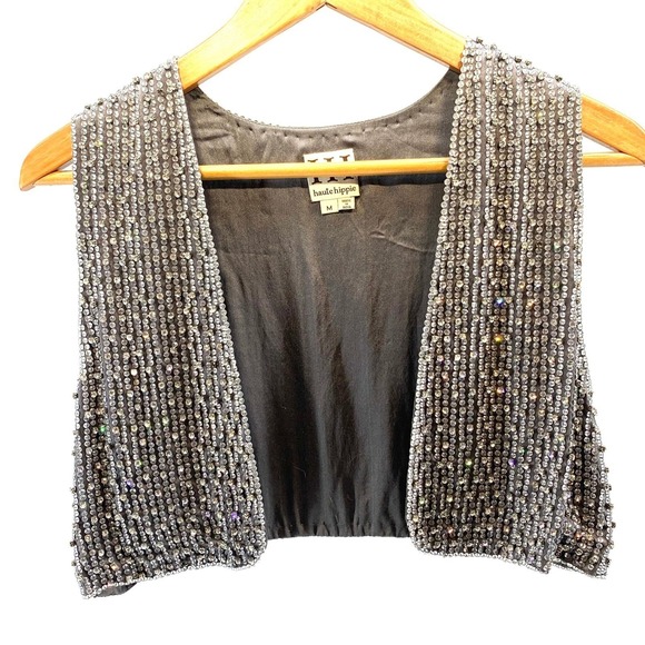 Haute Hippie Jackets & Blazers - Haute Hippie Womens Gray Silk Sequin Crystal Embellished Cropped Bolero Vest M